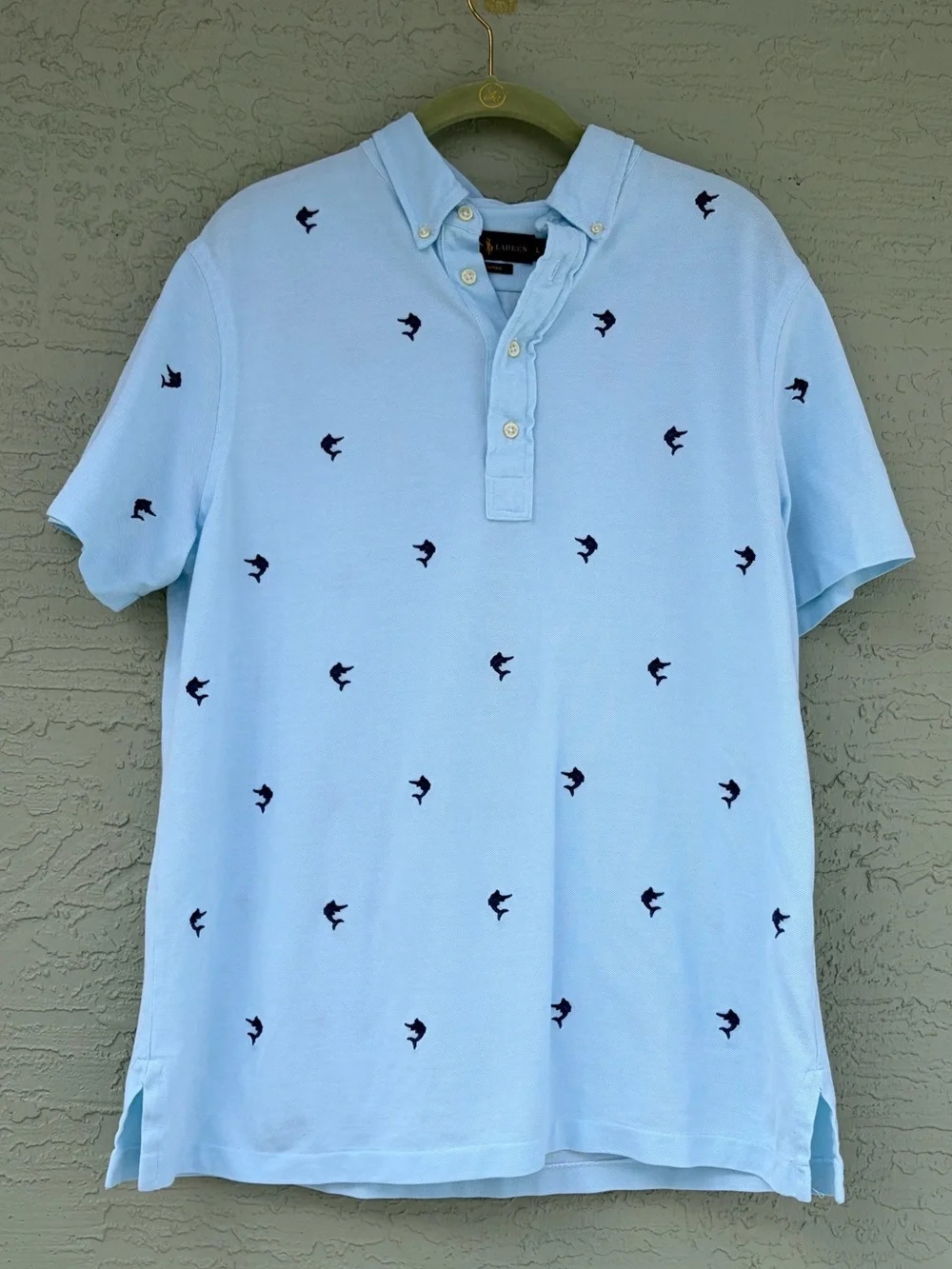 Men's Ralph Lauren Knit Oxford Polo, Short Sleeve Large, Blue Marlin Pattern L